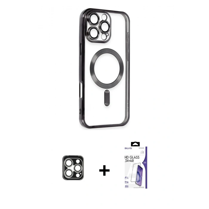 MARSİLYAN™- iPhone 16 Pro Max Kılıf Nova Işık Özel Seri - Siyah Bilvis 3X AR HD Cam Ekran Koruyucu + PVD Metal Kamera Lens - GS