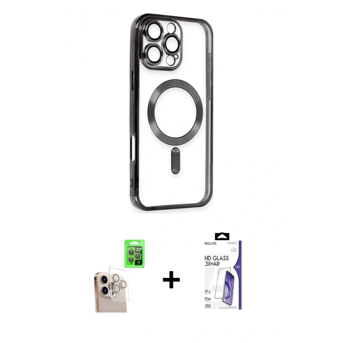 MARSİLYAN™- iPhone 16 Pro Max Kılıf Nova Işık Özel Seri - Siyah Bilvis 3X AR HD Cam Ekran Koruyucu + Raze Metal Kamera Lens - NLGY