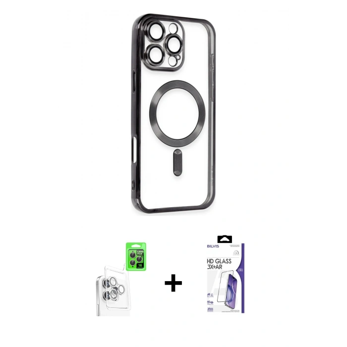 MARSİLYAN™- iPhone 16 Pro Max Kılıf Nova Işık Özel Seri - Siyah Bilvis 3X AR HD Cam Ekran Koruyucu + Raze Metal Kamera Lens - BZ