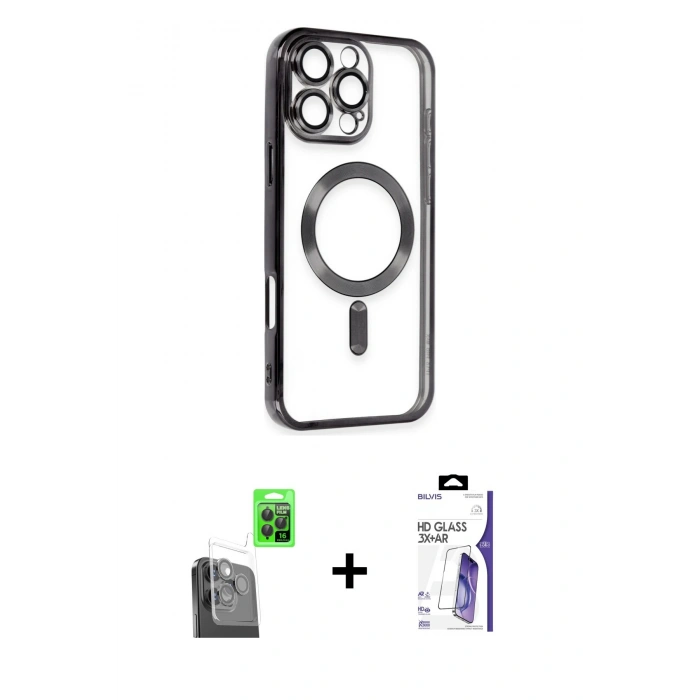 MARSİLYAN™- iPhone 16 Pro Max Kılıf Nova Işık Özel Seri - Siyah Bilvis 3X AR HD Cam Ekran Koruyucu + Raze Metal Kamera Lens - SH