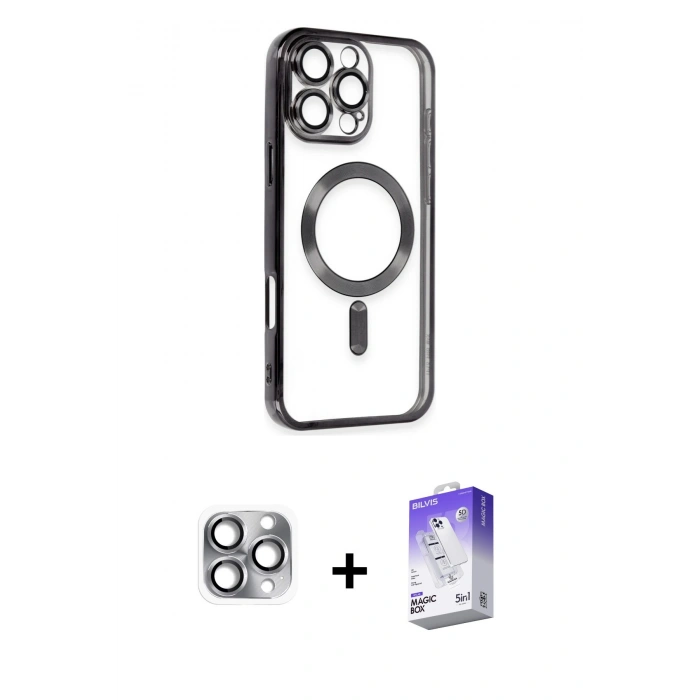 MARSİLYAN™- iPhone 16 Pro Max Kılıf Nova Işık Özel Seri - Siyah Bilvis 5in1 3D Magic Cam Ekran Koruyucu + Gri Pers Alüminyum Kamera Lens