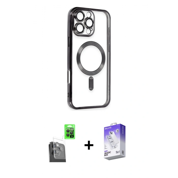 MARSİLYAN™- iPhone 16 Pro Max Kılıf Nova Işık Özel Seri - Siyah Bilvis 5in1 3D Magic Cam Ekran Koruyucu + Raze Metal Kamera Lens - SH