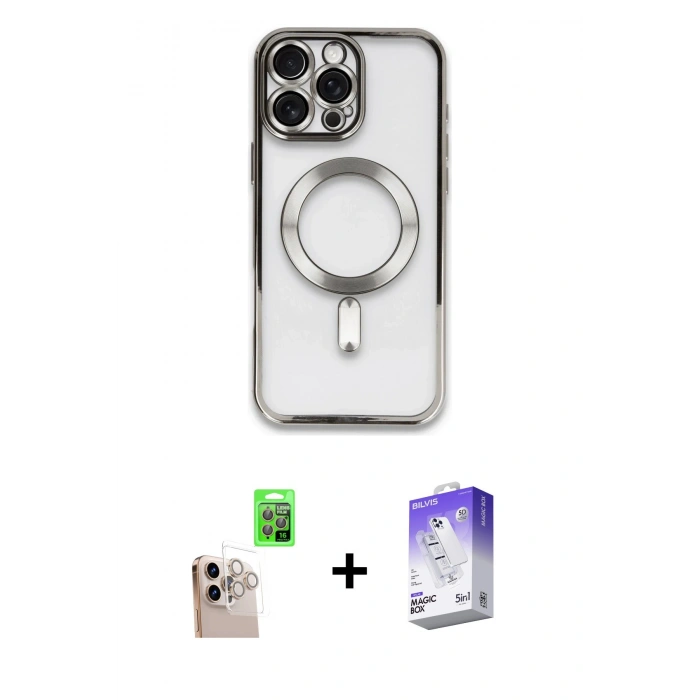 MARSİLYAN™- iPhone 16 Pro Max Kılıf Nova Işık Özel Seri - Siyah Bilvis 5in1 3D Magic Cam Ekran Koruyucu + Natural Grey Raze Metal Kamera Lens