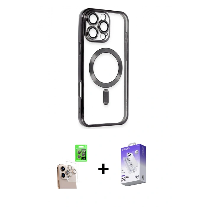 MARSİLYAN™- iPhone 16 Pro Max Kılıf Nova Işık Özel Seri - Siyah Bilvis 5in1 3D Magic Cam Ekran Koruyucu + Natural Grey Raze Metal Kamera Lens