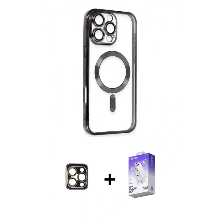 MARSİLYAN™- iPhone 16 Pro Max Kılıf Nova Işık Özel Seri - Siyah Bilvis 5in1 3D Magic Cam Ekran Koruyucu + PVD Metal Kamera Lens - GD