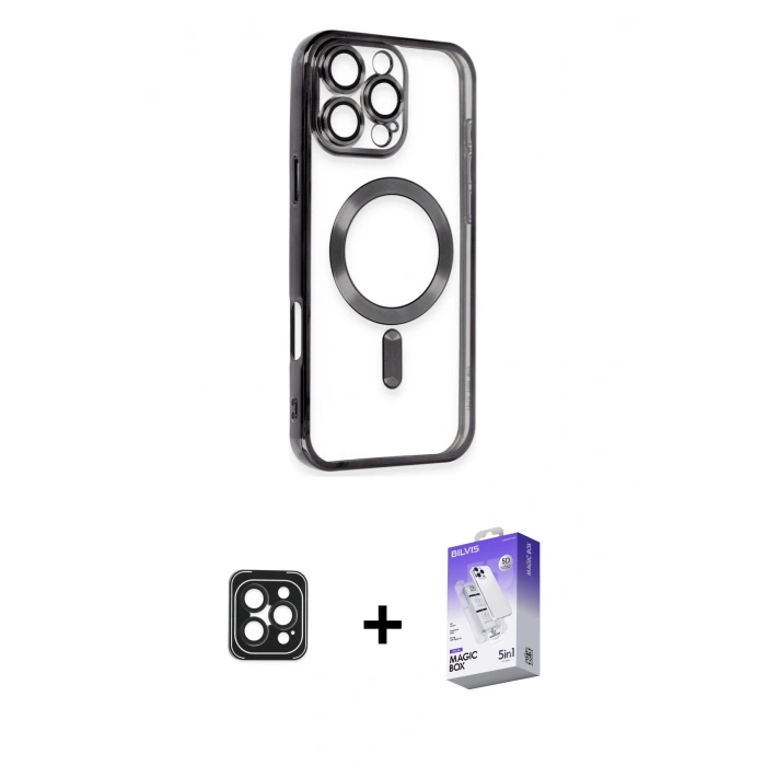 MARSİLYAN™- iPhone 16 Pro Max Kılıf Nova Işık Özel Seri - Siyah Bilvis 5in1 3D Magic Cam Ekran Koruyucu + PVD Metal Kamera Lens - SH