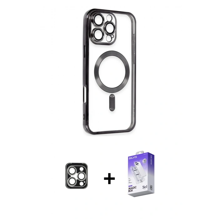 MARSİLYAN™- iPhone 16 Pro Max Kılıf Nova Işık Özel Seri - Siyah Bilvis 5in1 3D Magic Cam Ekran Koruyucu + PVD Metal Kamera Lens - GS