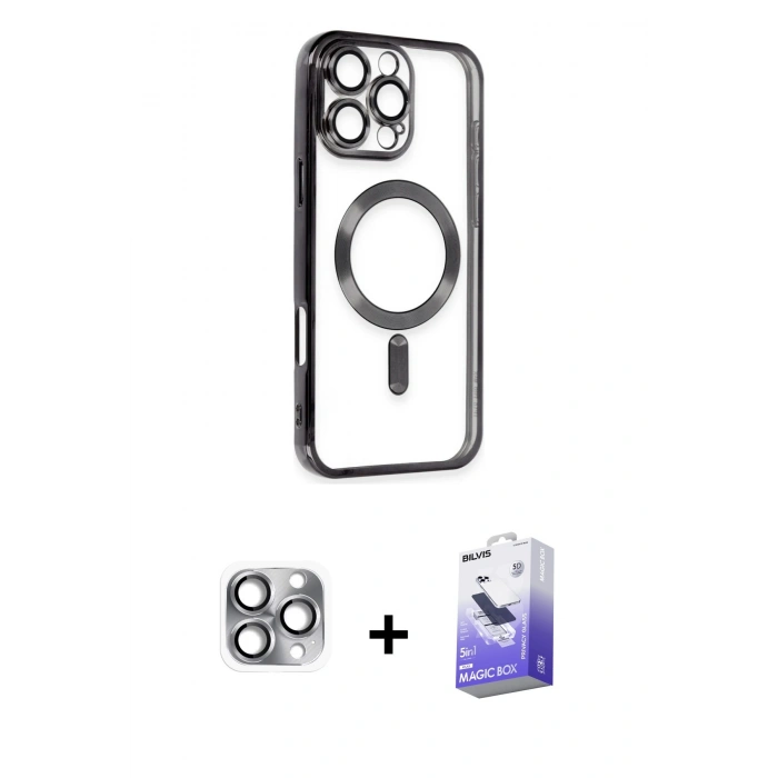 MARSİLYAN™- iPhone 16 Pro Max Kılıf Nova Işık Özel Seri - Siyah Bilvis 5in1 5D Magic Hayalet Cam Ekran Koruyucu + Pers Alüminyum Kamera Lens - GI