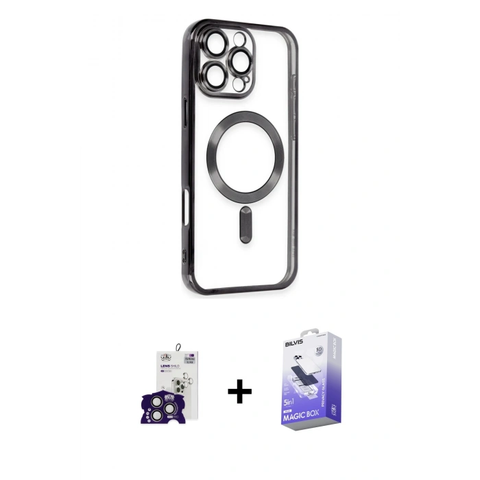 MARSİLYAN™- iPhone 16 Pro Max Kılıf Nova Işık Özel Seri - Siyah Bilvis 5in1 5D Magic Hayalet Cam Ekran Koruyucu + Bilvis Titan Kamera Lens - TMGI