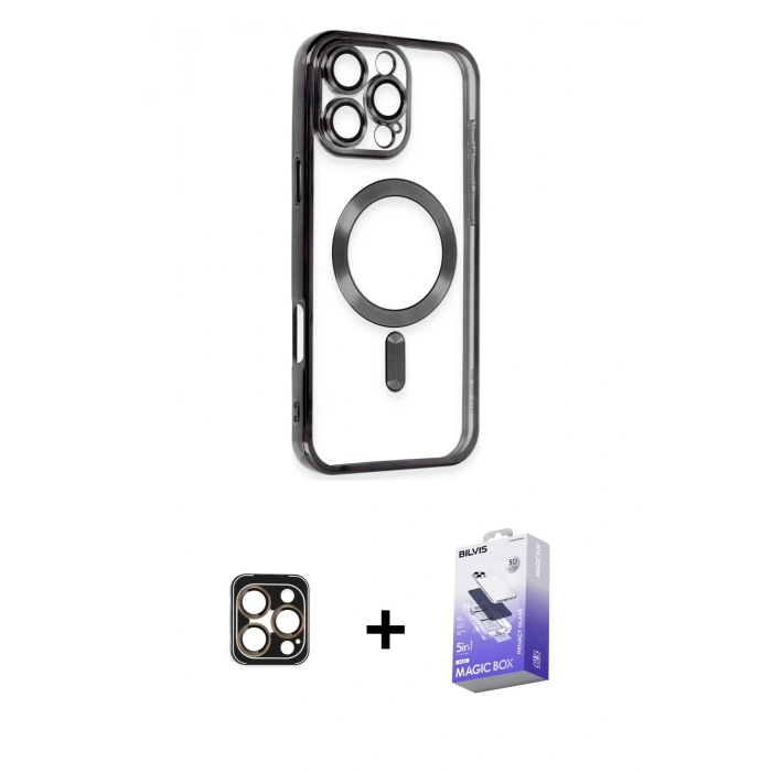 MARSİLYAN™- iPhone 16 Pro Max Kılıf Nova Işık Özel Seri - Siyah Bilvis 5in1 5D Magic Hayalet Cam Ekran Koruyucu + PVD Metal Kamera Lens - GD
