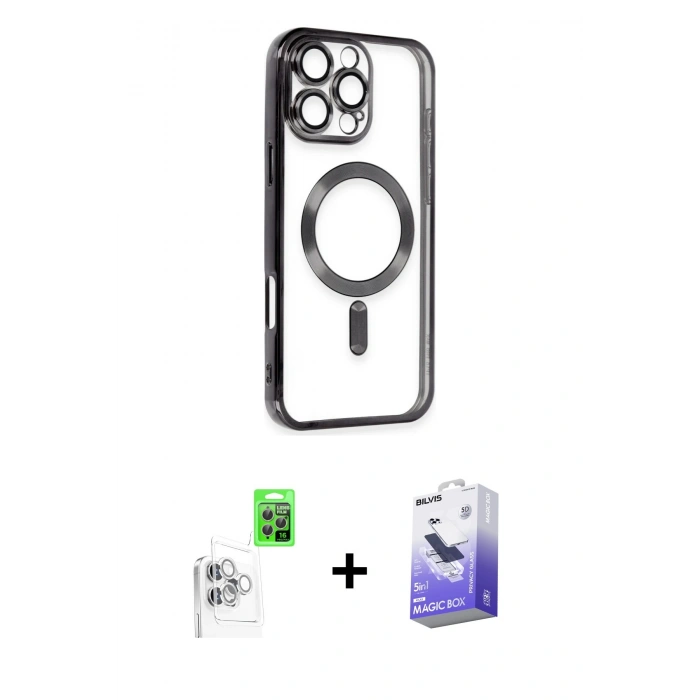 MARSİLYAN™- iPhone 16 Pro Max Kılıf Nova Işık Özel Seri - Siyah Bilvis 5in1 5D Magic Hayalet Cam Ekran Koruyucu + Raze Metal Kamera Lens - BZ