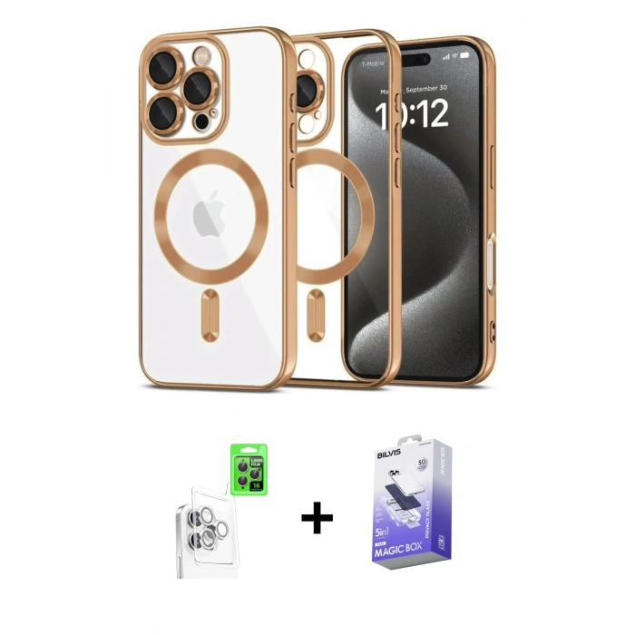 MARSİLYAN™- iPhone 16 Pro Max Kılıf Nova Işık Özel Seri - Siyah Bilvis 5in1 5D Magic Hayalet Cam Ekran Koruyucu + Raze Metal Kamera Lens - BZ