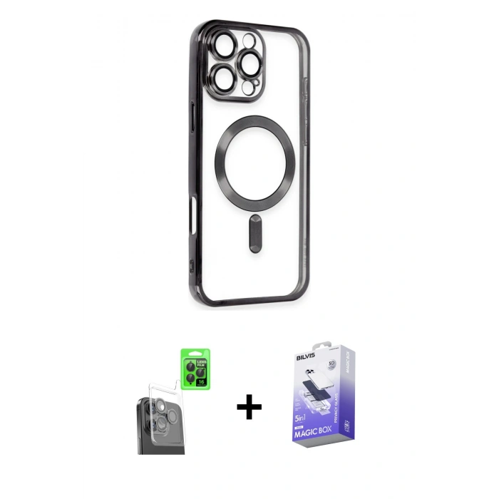MARSİLYAN™- iPhone 16 Pro Max Kılıf Nova Işık Özel Seri - Siyah Bilvis 5in1 5D Magic Hayalet Cam Ekran Koruyucu + Raze Metal Kamera Lens - SH