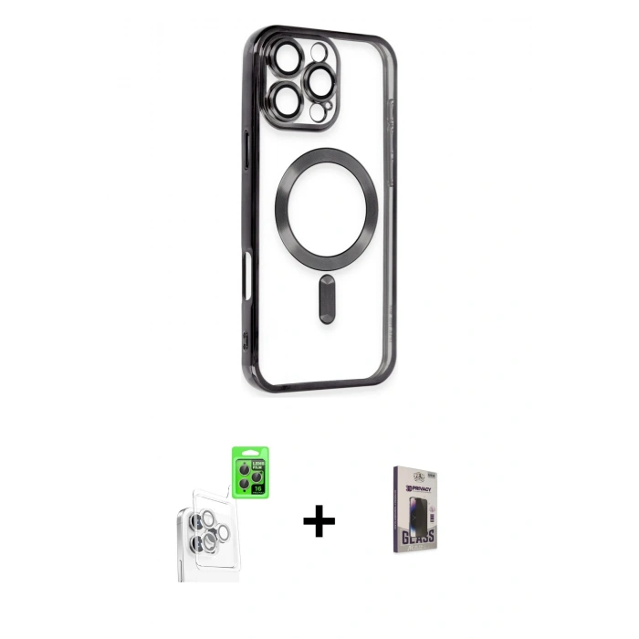 MARSİLYAN™- iPhone 16 Pro Max Kılıf Nova Işık Özel Seri - Siyah Bilvis Hayalet Cam Ekran Koruyucu + Beyaz Raze Metal Kamera Lens