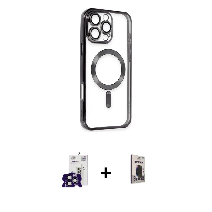 MARSİLYAN™- iPhone 16 Pro Max Kılıf Nova Işık Özel Seri - Siyah Bilvis Hayalet Cam Ekran Koruyucu + Bilvis Titan Kamera Lens - TMGI