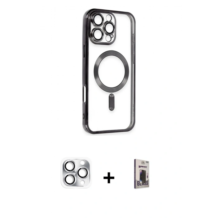 MARSİLYAN™- iPhone 16 Pro Max Kılıf Nova Işık Özel Seri - Siyah Bilvis Hayalet Cam Ekran Koruyucu + Pers Alüminyum Kamera Lens - GS