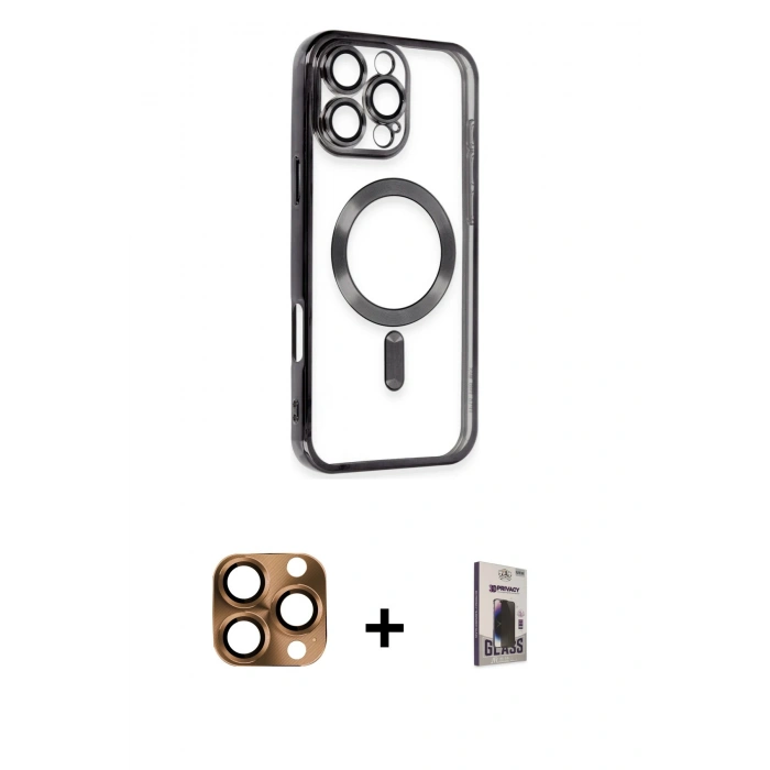 MARSİLYAN™- iPhone 16 Pro Max Kılıf Nova Işık Özel Seri - Siyah Bilvis Hayalet Cam Ekran Koruyucu + Pers Alüminyum Kamera Lens - CLTM