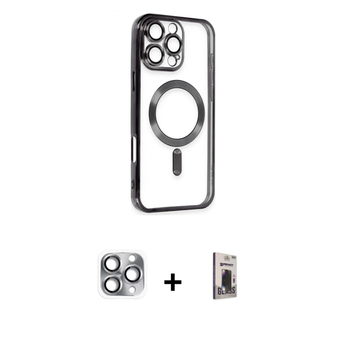 MARSİLYAN™- iPhone 16 Pro Max Kılıf Nova Işık Özel Seri - Siyah Bilvis Hayalet Cam Ekran Koruyucu + Pers Alüminyum Kamera Lens - GI