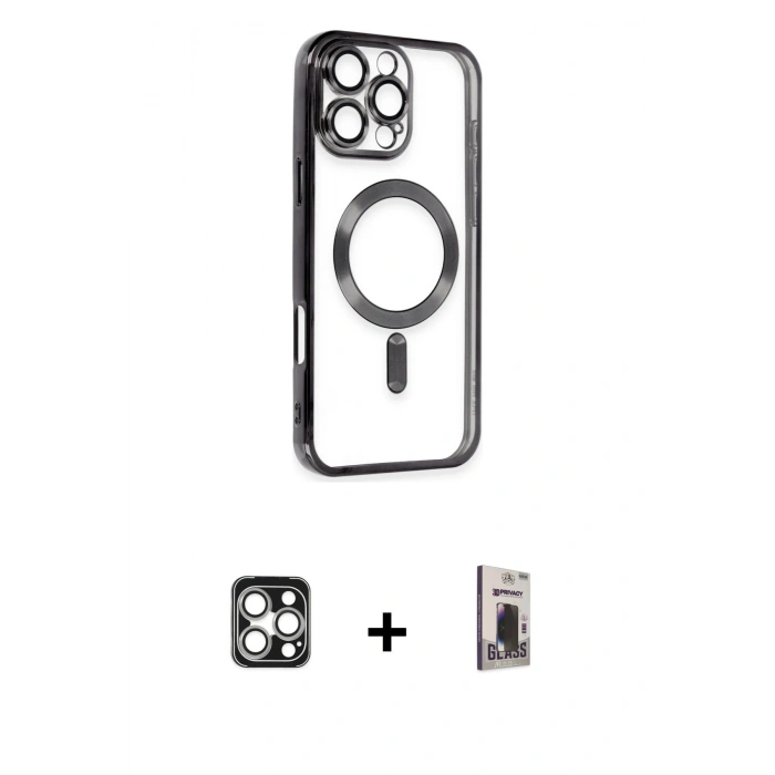 MARSİLYAN™- iPhone 16 Pro Max Kılıf Nova Işık Özel Seri - Siyah Bilvis Hayalet Cam Ekran Koruyucu + PVD Metal Kamera Lens - GS