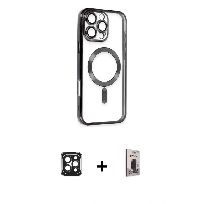 MARSİLYAN™- iPhone 16 Pro Max Kılıf Nova Işık Özel Seri - Siyah Bilvis Hayalet Cam Ekran Koruyucu + PVD Metal Kamera Lens - SH