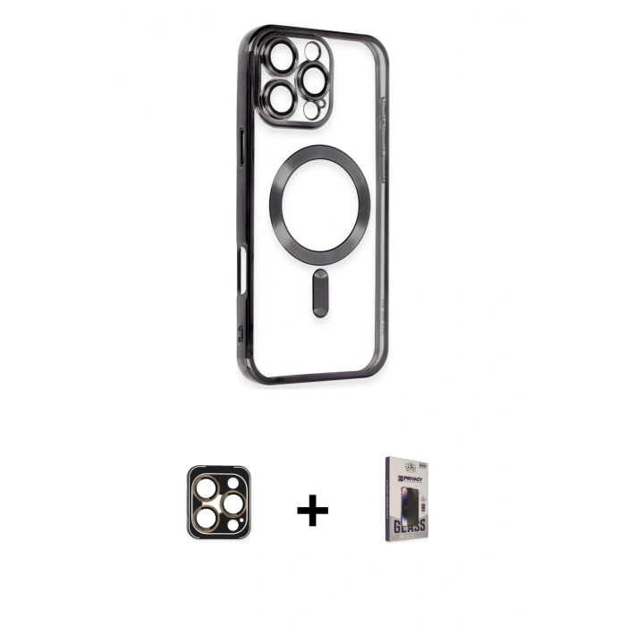 MARSİLYAN™- iPhone 16 Pro Max Kılıf Nova Işık Özel Seri - Siyah Bilvis Hayalet Cam Ekran Koruyucu + PVD Metal Kamera Lens - GD