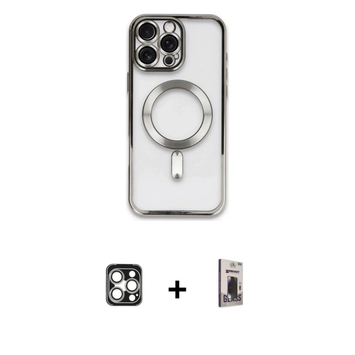 MARSİLYAN™- iPhone 16 Pro Max Kılıf Nova Işık Özel Seri - Siyah Bilvis Hayalet Cam Ekran Koruyucu + PVD Metal Kamera Lens - GS