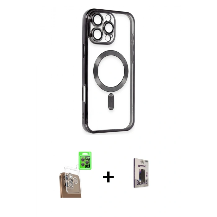 MARSİLYAN™- iPhone 16 Pro Max Kılıf Nova Işık Özel Seri - Siyah Bilvis Hayalet Cam Ekran Koruyucu + Raze Metal Kamera Lens - CLTM