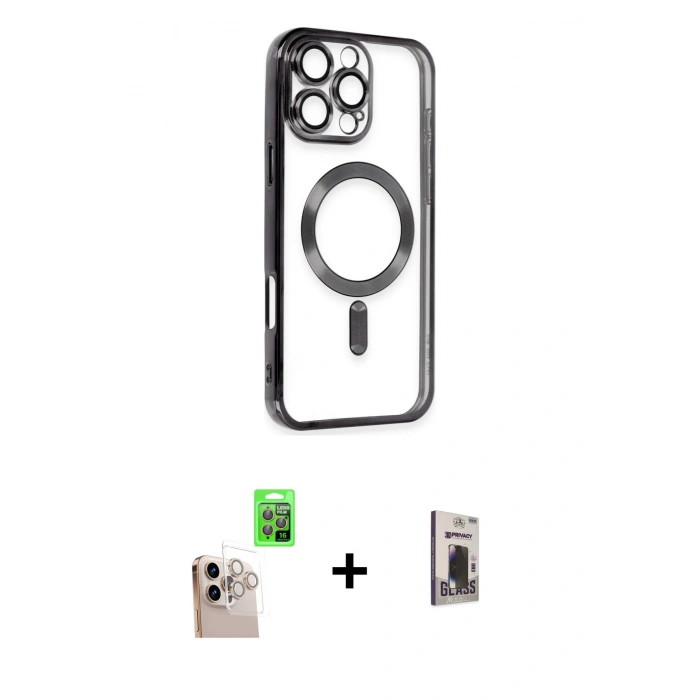 MARSİLYAN™- iPhone 16 Pro Max Kılıf Nova Işık Özel Seri - Siyah Bilvis Hayalet Cam Ekran Koruyucu + Raze Metal Kamera Lens - NLGY