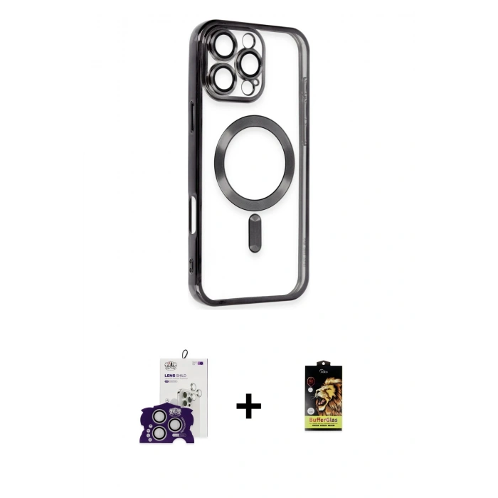 MARSİLYAN™- iPhone 16 Pro Max Kılıf Nova Işık Özel Seri - Siyah Buffer Cam Ekran Koruyucu + Bilvis Titan Kamera Lens - GS