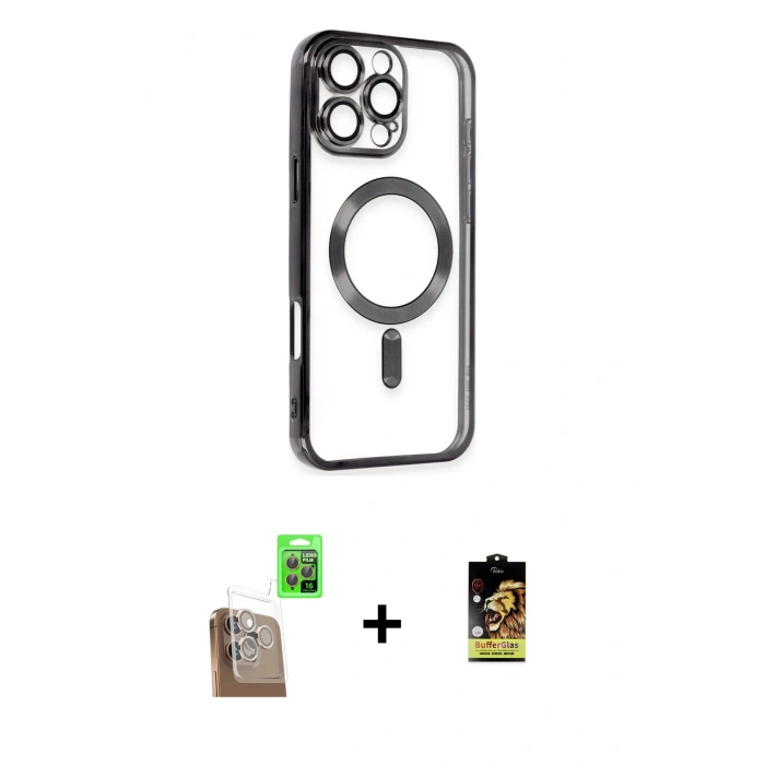 MARSİLYAN™- iPhone 16 Pro Max Kılıf Nova Işık Özel Seri - Siyah Buffer Cam Ekran Koruyucu + Raze Metal Kamera Lens - CLTM