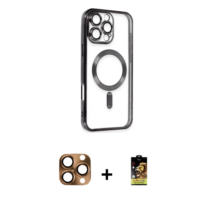MARSİLYAN™- iPhone 16 Pro Max Kılıf Nova Işık Özel Seri - Siyah Buffer Cam Ekran Koruyucu + Pers Alüminyum Kamera Lens - CLTM
