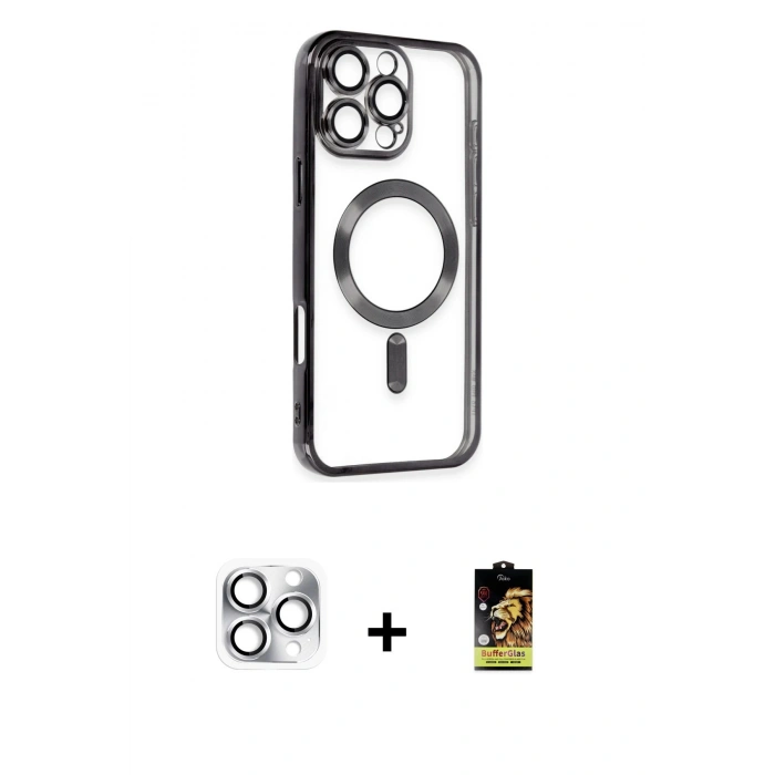 MARSİLYAN™- iPhone 16 Pro Max Kılıf Nova Işık Özel Seri - Siyah Buffer Cam Ekran Koruyucu + Pers Alüminyum Kamera Lens - GS