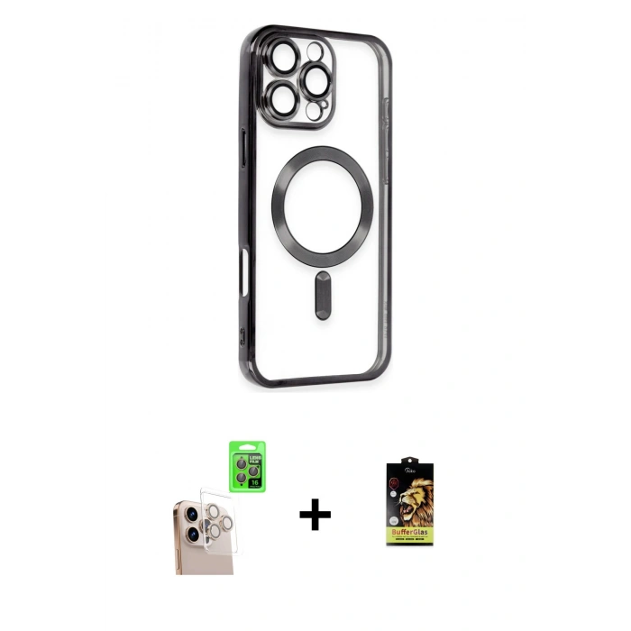 MARSİLYAN™- iPhone 16 Pro Max Kılıf Nova Işık Özel Seri - Siyah Buffer Cam Ekran Koruyucu + Raze Metal Kamera Lens - NLGY