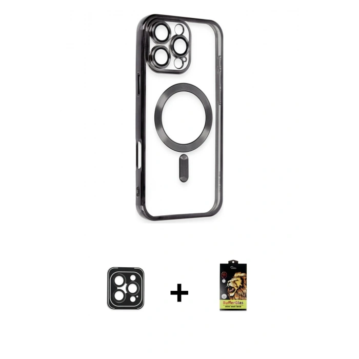 MARSİLYAN™- iPhone 16 Pro Max Kılıf Nova Işık Özel Seri - Siyah Buffer Cam Ekran Koruyucu + PVD Metal Kamera Lens - SH