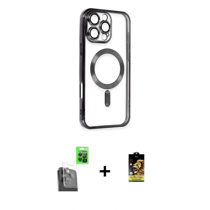 MARSİLYAN™- iPhone 16 Pro Max Kılıf Nova Işık Özel Seri - Siyah Buffer Cam Ekran Koruyucu + Siyah Raze Metal Kamera Lens
