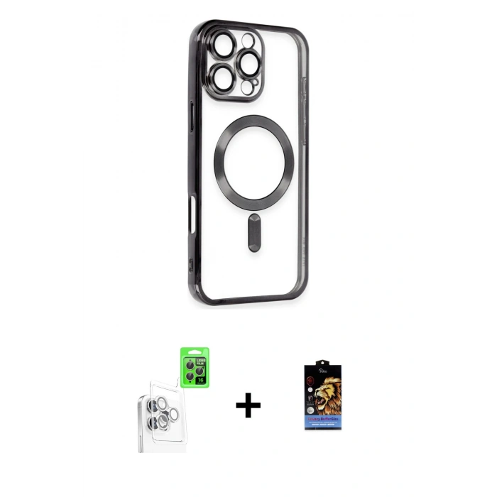 MARSİLYAN™- iPhone 16 Pro Max Kılıf Nova Işık Özel Seri - Siyah Buffer Hayalet Cam Ekran Koruyucu + Raze Metal Kamera Lens - BZ