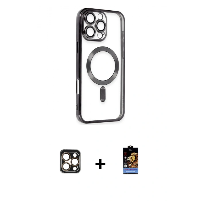 MARSİLYAN™- iPhone 16 Pro Max Kılıf Nova Işık Özel Seri - Siyah Buffer Hayalet Cam Ekran Koruyucu + Gold PVD Metal Kamera Lens