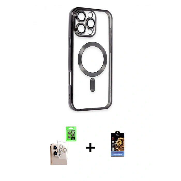MARSİLYAN™- iPhone 16 Pro Max Kılıf Nova Işık Özel Seri - Siyah Buffer Hayalet Cam Ekran Koruyucu + Raze Metal Kamera Lens - NLGY