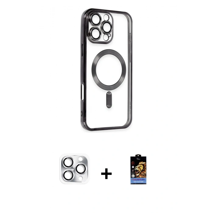 MARSİLYAN™- iPhone 16 Pro Max Kılıf Nova Işık Özel Seri - Siyah Buffer Hayalet Cam Ekran Koruyucu + Pers Alüminyum Kamera Lens - GS