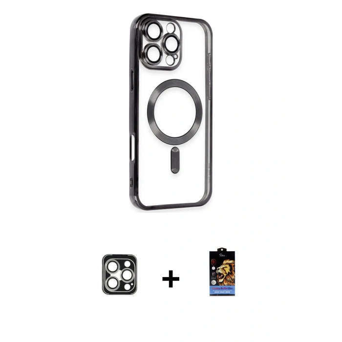 MARSİLYAN™- iPhone 16 Pro Max Kılıf Nova Işık Özel Seri - Siyah Buffer Hayalet Cam Ekran Koruyucu + PVD Metal Kamera Lens - GS