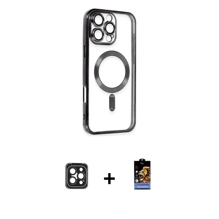 MARSİLYAN™- iPhone 16 Pro Max Kılıf Nova Işık Özel Seri - Siyah Buffer Hayalet Cam Ekran Koruyucu + PVD Metal Kamera Lens - SH
