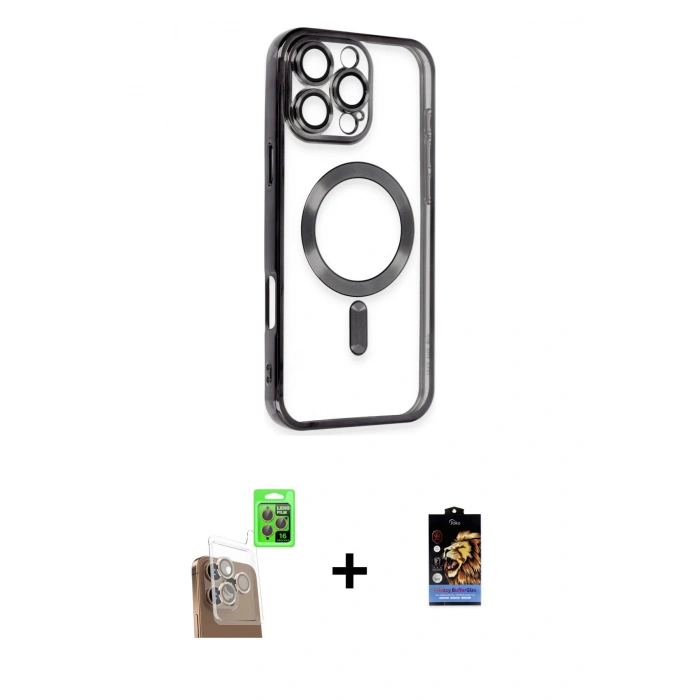 MARSİLYAN™- iPhone 16 Pro Max Kılıf Nova Işık Özel Seri - Siyah Buffer Hayalet Cam Ekran Koruyucu + Raze Metal Kamera Lens - CLTM