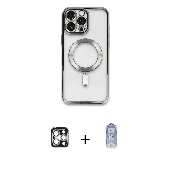 MARSİLYAN™- iPhone 16 Pro Max Kılıf Nova Işık Özel Seri - Siyah Joko Magic 5D Cam + Gümüş PVD Metal Kamera Lens