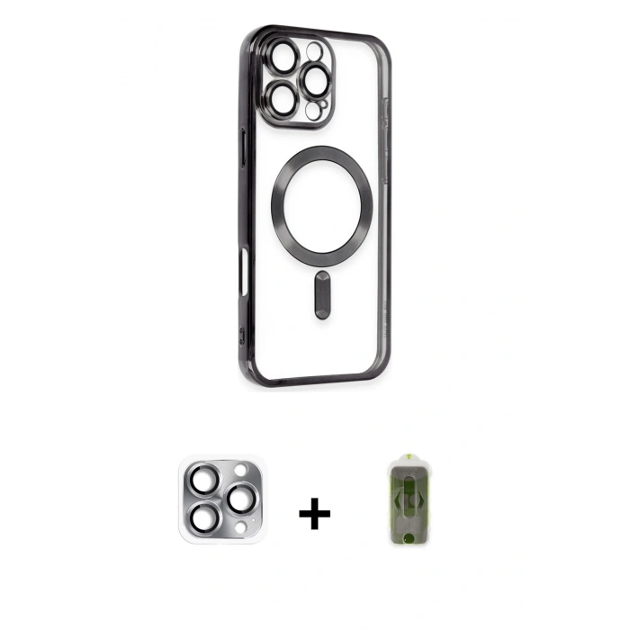 MARSİLYAN™- iPhone 16 Pro Max Kılıf Nova Işık Özel Seri - Siyah Joko Magic 5D Hayalet Cam + Gri Pers Alüminyum Kamera Lens