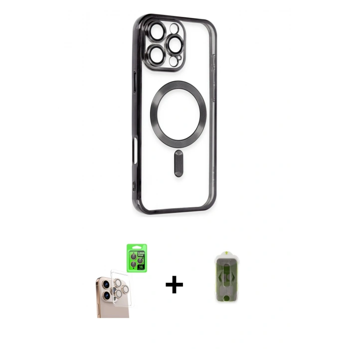 MARSİLYAN™- iPhone 16 Pro Max Kılıf Nova Işık Özel Seri - Siyah Joko Magic 5D Hayalet Cam + Raze Metal Kamera Lens - NLGY