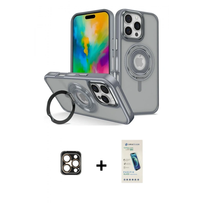 MARSİLYAN™- iPhone 16 Pro Max Kılıf Nova Minimal Serisi - Şeffaf Pasifik Cam Ekran Koruyucu + PVD Metal Kamera Lens - GD