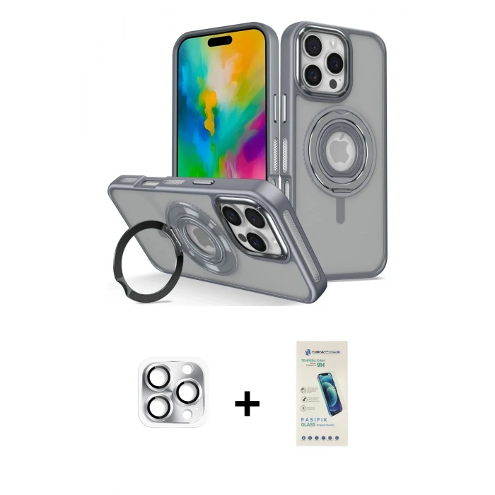 MARSİLYAN™- iPhone 16 Pro Max Kılıf Nova Minimal Serisi - Şeffaf Pasifik Cam Ekran Koruyucu + Gümüş Pers Alüminyum Kamera Lens