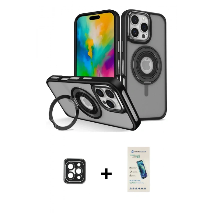 MARSİLYAN™- iPhone 16 Pro Max Kılıf Nova Minimal Serisi - Şeffaf Pasifik Cam Ekran Koruyucu + PVD Metal Kamera Lens - SH