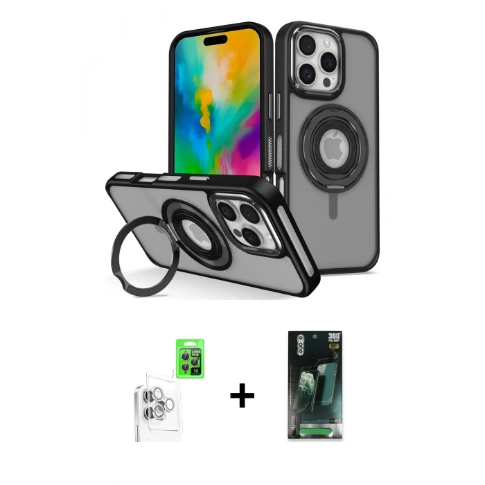 MARSİLYAN™- iPhone 16 Pro Max Kılıf Nova Minimal Serisi - Siyah 360 Mat Full Body Arka Koruyucu + Raze Metal Kamera Lens - BZ