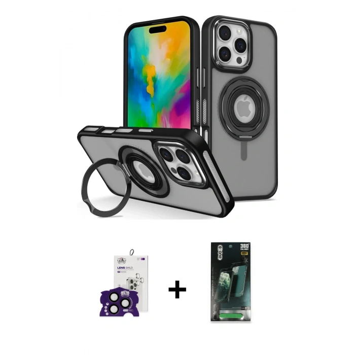 MARSİLYAN™- iPhone 16 Pro Max Kılıf Nova Minimal Serisi - Siyah 360 Mat Full Body Arka Koruyucu + Bilvis Titan Kamera Lens - SH